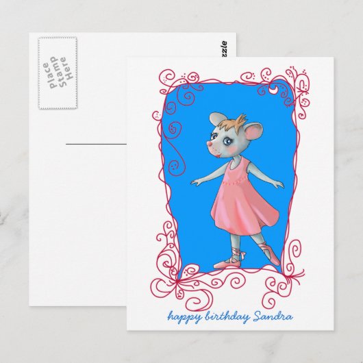 Briefkaart Roze balletmuis (Voorkant / Achterkant)