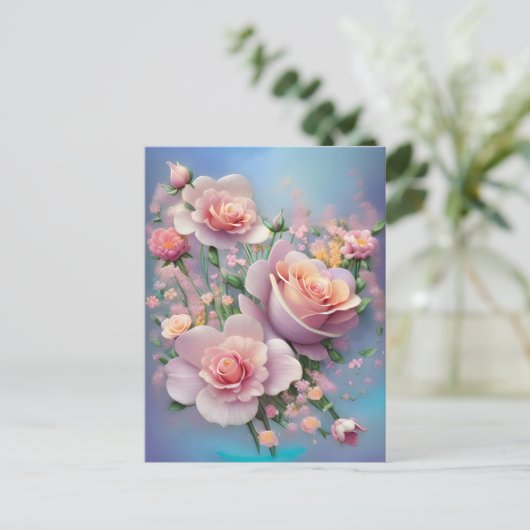 Briefkaart  roze bloemen (Staand voorkant)