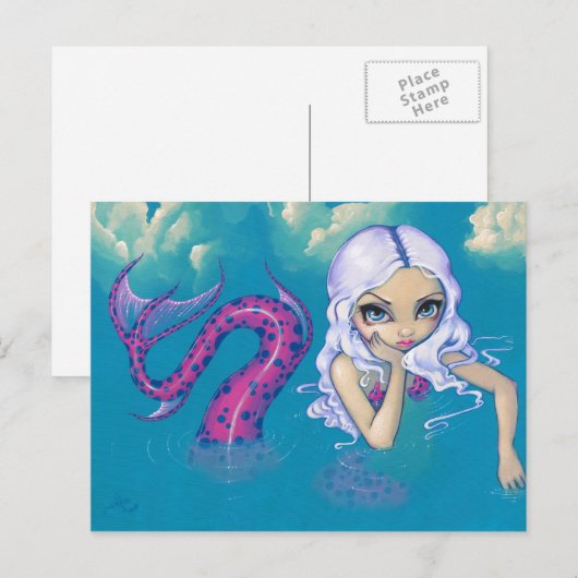 briefkaart "Roze gepotte zeemeermin" (Voorkant / Achterkant)