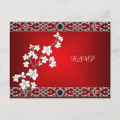 Briefkaart RSVP Aziatisch Rood Zwart Bloemen Zilve (Voorkant)
