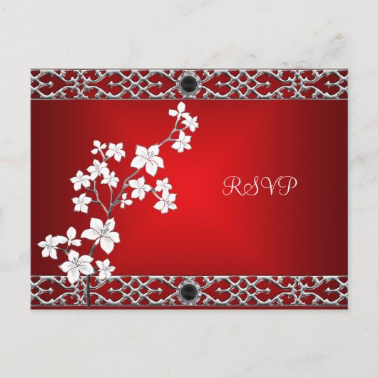 Briefkaart RSVP Aziatisch Rood Zwart Bloemen Zilve (Voorkant)