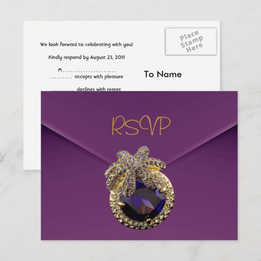 Briefkaart RSVP Plum Paarse gouden juweel (Voorkant / Achterkant)