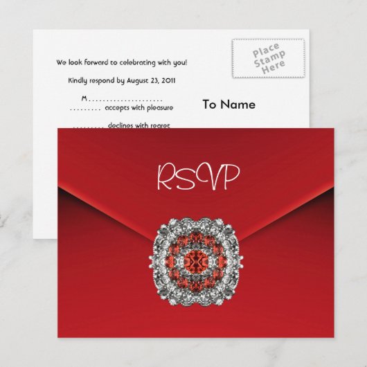 Briefkaart RSVP Uitnodiging Rood Diamanten Juweel (Voorkant / Achterkant)