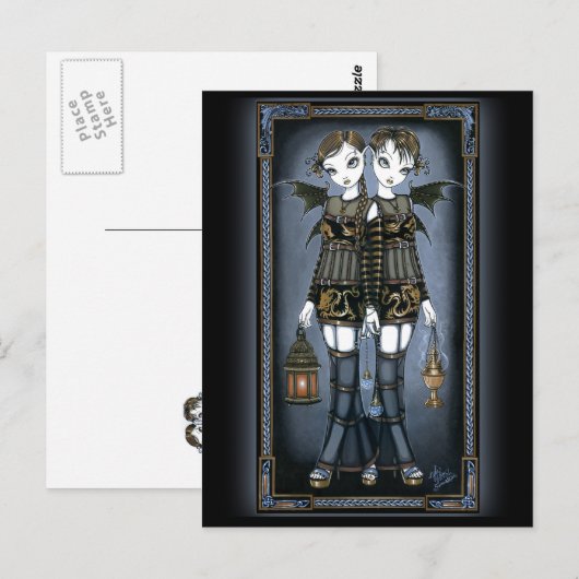 briefkaart "Sienna & Celeste" Dragon Twin Fairies (Voorkant / Achterkant)