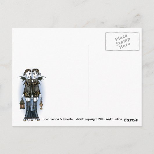 briefkaart "Sienna & Celeste" Dragon Twin Fairies (Achterkant)