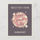 Briefkaart stad naam paarse discobal (Voorkant)