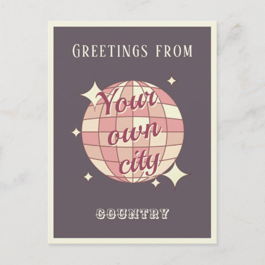 Briefkaart stad naam paarse discobal (Voorkant)