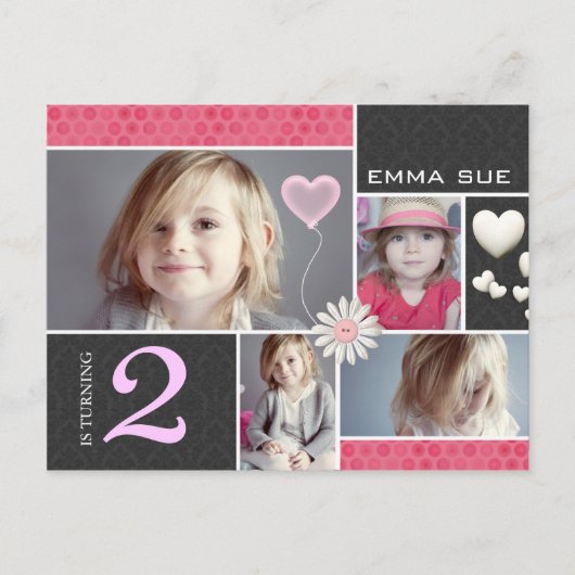 Briefkaart-stijl Damask Hearts Party Invitations Uitnodiging Briefkaart (Voorkant)