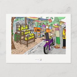 Briefkaart Street scene in Asia met motorfiets