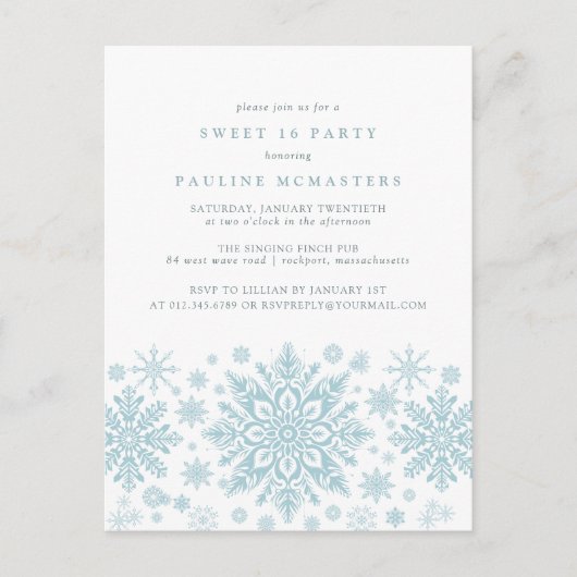 BRIEFKAART Sweet 16 Blue Snowflake Uitnodiging (Voorkant)