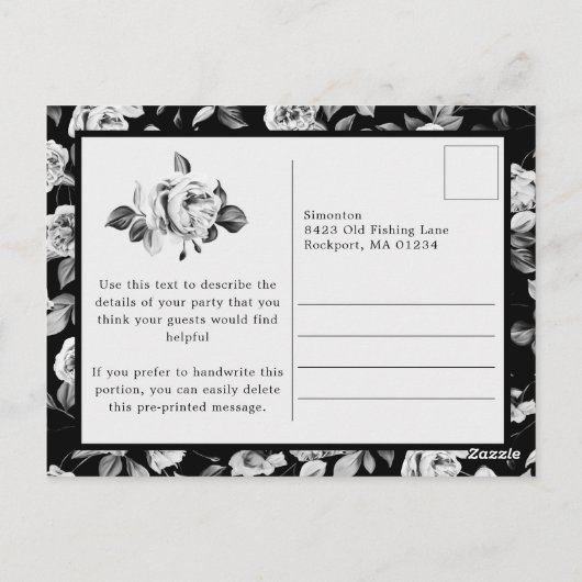 Briefkaart Uitnodigen Zwart Wit Bloemen 18e Verjaa (Achterkant)