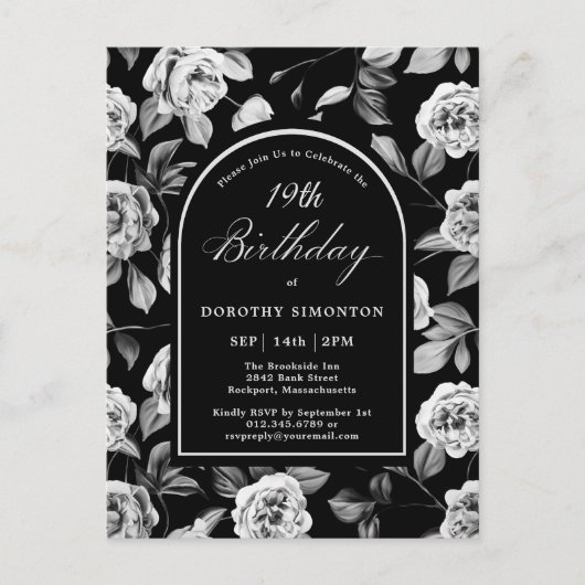 Briefkaart Uitnodigen Zwart Wit Bloemen 19e Verjaa (Voorkant)