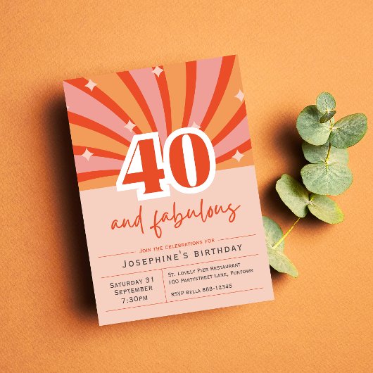 Briefkaart Uitnodiging "40 en fabulous", retro per
