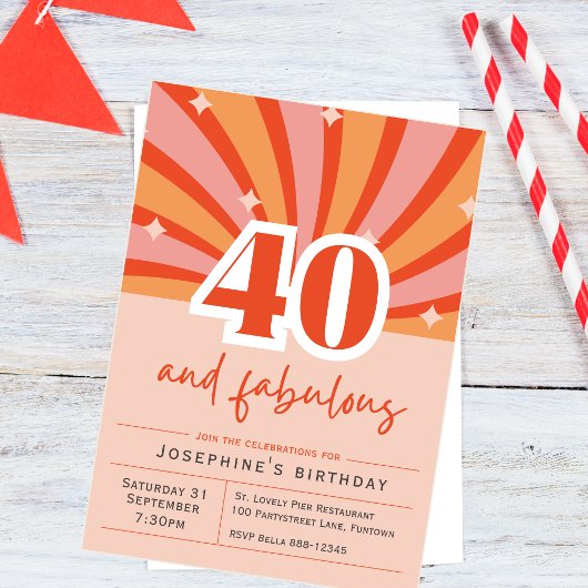 Briefkaart Uitnodiging "40 en fabulous", retro per