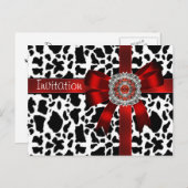 Briefkaart Uitnodiging Koe Red Bow Zwart Wit (Voorkant / Achterkant)