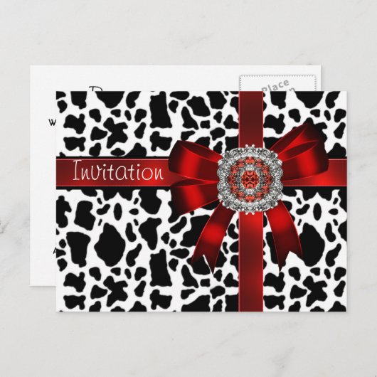 Briefkaart Uitnodiging Koe Red Bow Zwart Wit (Voorkant / Achterkant)