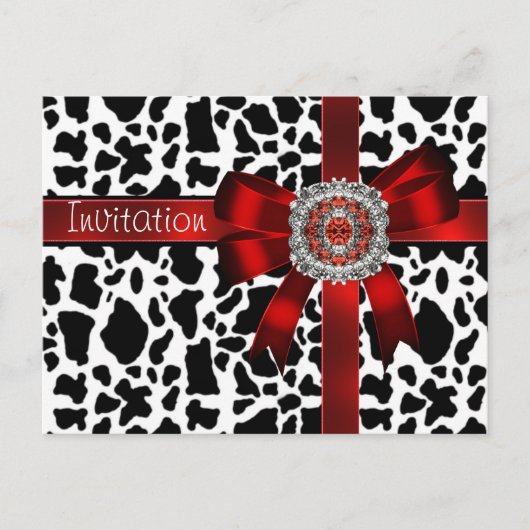 Briefkaart Uitnodiging Koe Red Bow Zwart Wit (Voorkant)