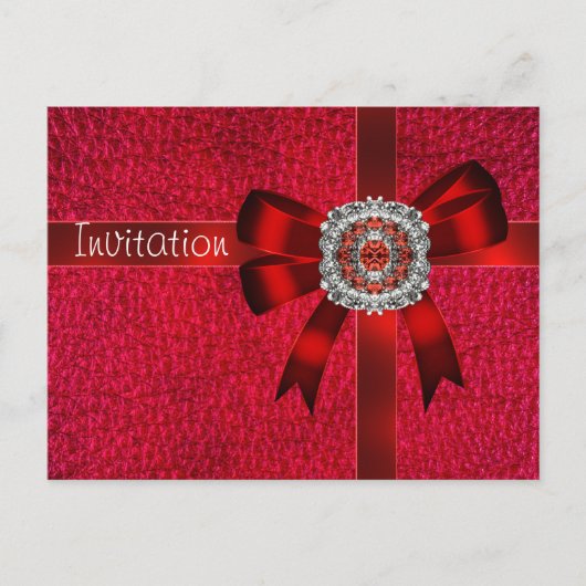Briefkaart Uitnodiging Red Leather Bow Jewel (Voorkant)