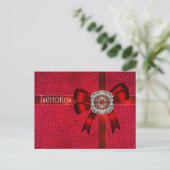 Briefkaart Uitnodiging Red Leather Bow Jewel (Staand voorkant)