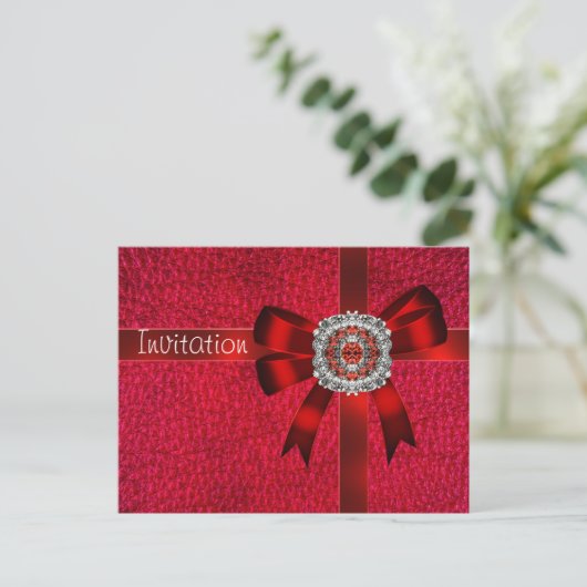 Briefkaart Uitnodiging Red Leather Bow Jewel (Staand voorkant)