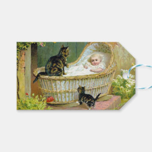 briefkaart van baby, katten en katten cadeaulabel