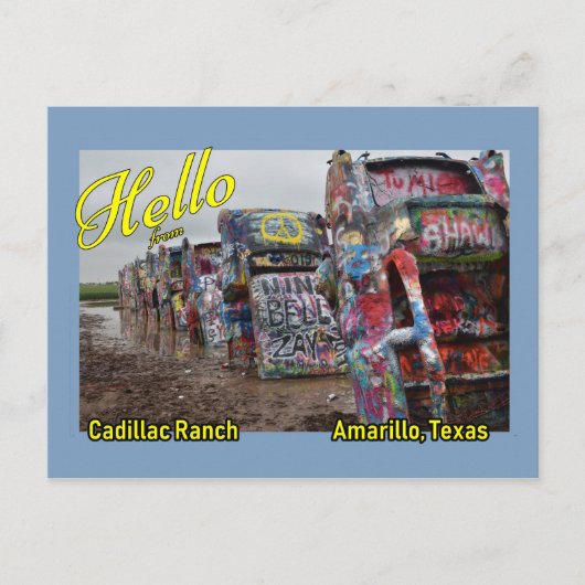 Briefkaart van Cadillac Ranch in Amarillo, Texas (Voorkant)