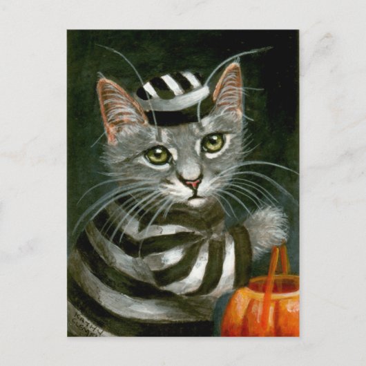 Briefkaart van Cat Halloween-gevangene in tablet (Voorkant)