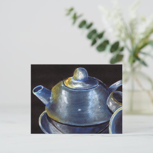 Briefkaart van de blauwe tea-set (Lori Corbett) (Staand voorkant)