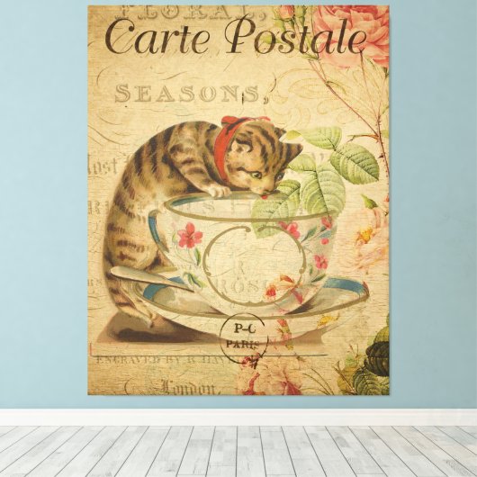  Briefkaart van de Cat en de Tea Cup Canvas Afdruk (Insitu (Houten vloer))