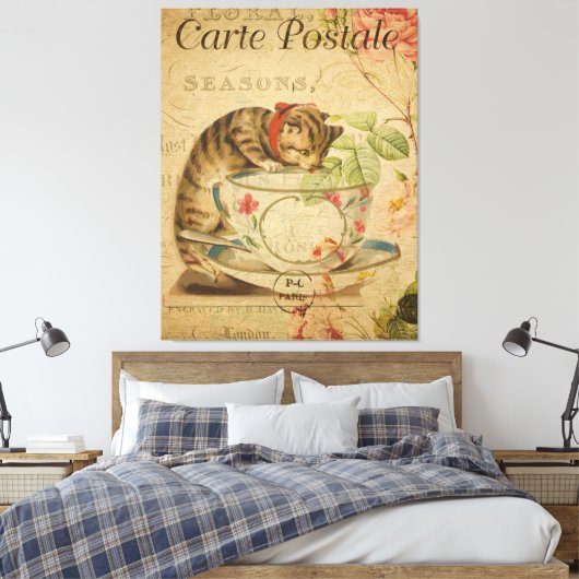  Briefkaart van de Cat en de Tea Cup Canvas Afdruk (Insitu (Slaapkamer))
