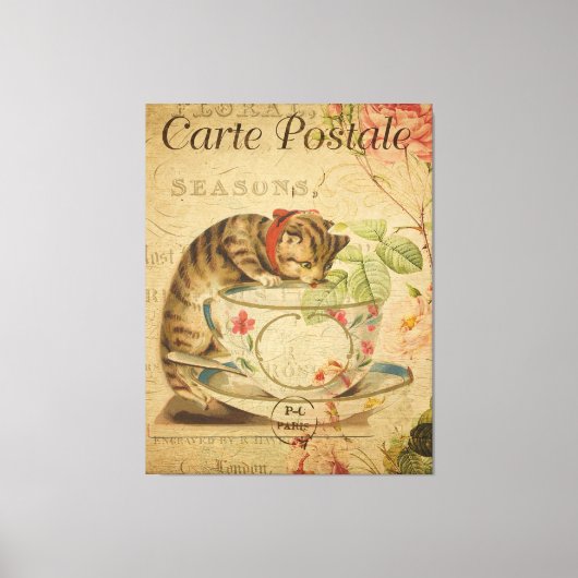 Briefkaart van de Cat en de Tea Cup Canvas Afdruk (Voorkant)