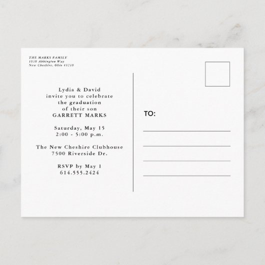 Briefkaart van de driekwart afstuderen-uitnodiging (Achterkant)