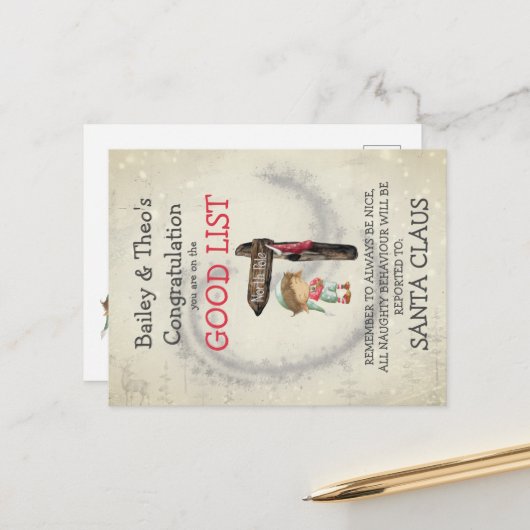 Briefkaart van de Elf Good List van de Santa (Voorkant / Achterkant in situ)