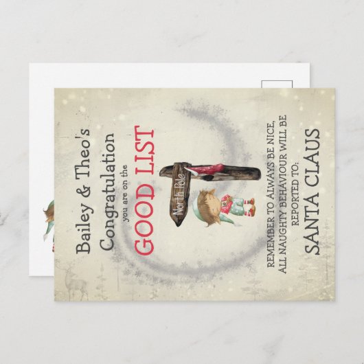 Briefkaart van de Elf Good List van de Santa (Voorkant / Achterkant)