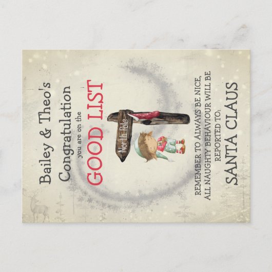 Briefkaart van de Elf Good List van de Santa (Voorkant)