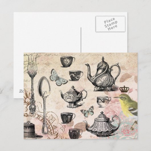 briefkaart van de  Franse Garden Tea Party (Voorkant / Achterkant)