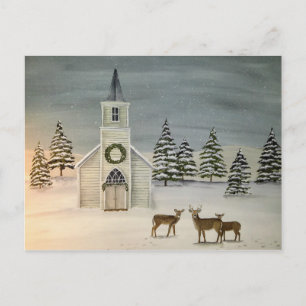 Briefkaart van de kerk en de winter