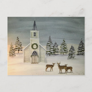 Briefkaart van de kerk en de winter