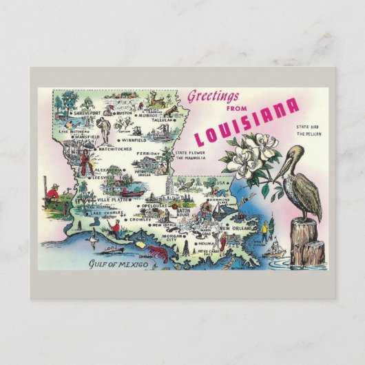 Briefkaart van de staatskaart van Louisiana (Voorkant)