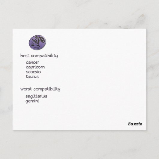 Briefkaart van de vimzodiaareigenschappen (Achterkant)