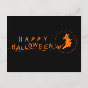 Briefkaart van de vliegende heks Halloween, zwart/