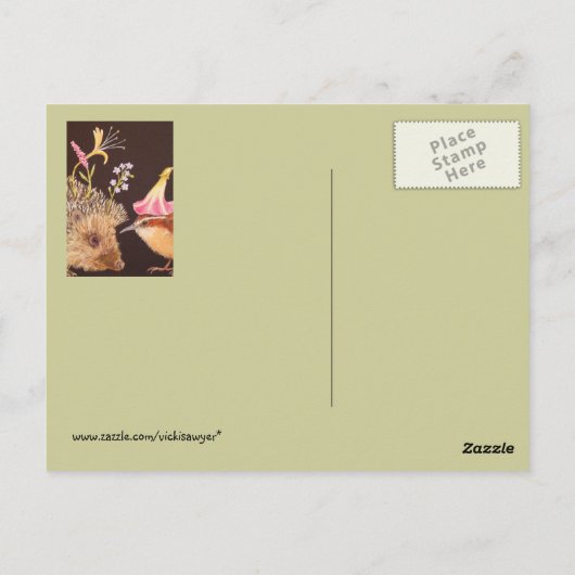 Briefkaart van egel en caroliniewren (Achterkant)