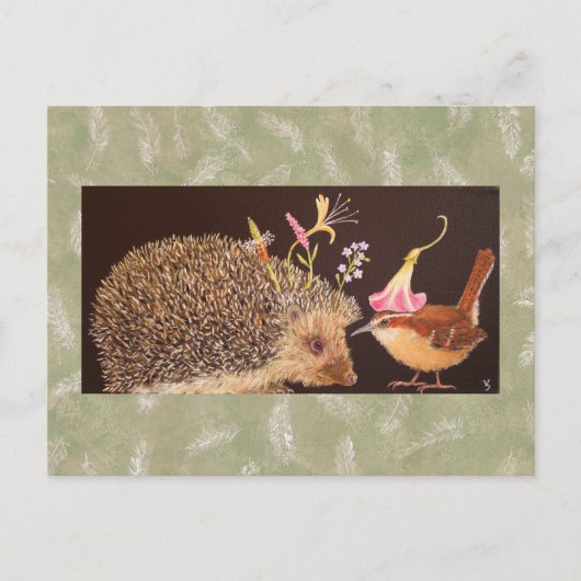 Briefkaart van egel en caroliniewren (Voorkant)