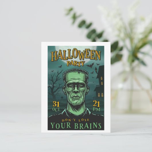 Briefkaart van Frankenstein Halloween Party (Staand voorkant)