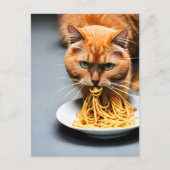 Briefkaart van gemberkat dat spaghetti eet (Voorkant)