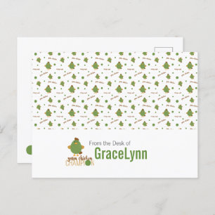 Briefkaart van groene en bruine kippen