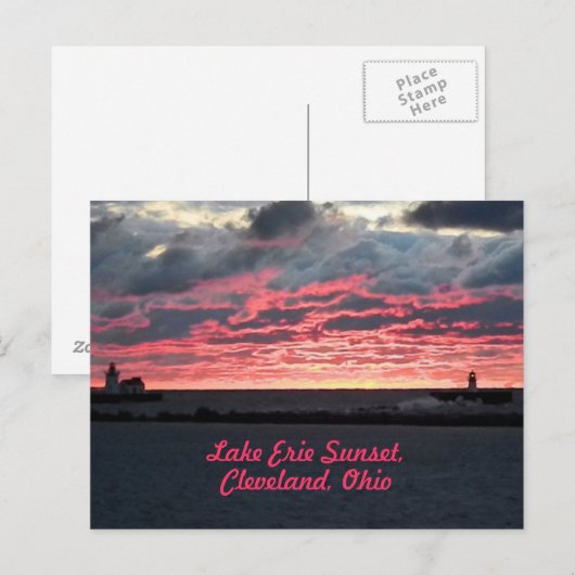 Briefkaart van het meer van Erie Sunset (Cleveland (Voorkant / Achterkant)