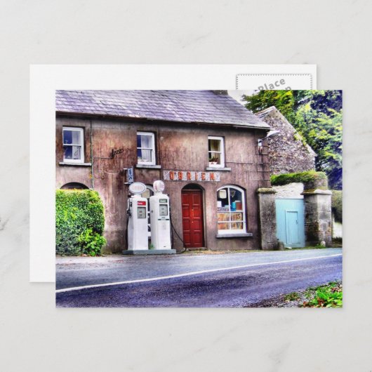 Briefkaart van het oude Ierse benzinestation (Voorkant / Achterkant)