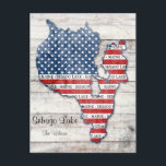 Briefkaart van het Sebago Lake Maine Map<br><div class="desc">Show je Sebago Lake,  Maine en USA trots!  Dit briefkaart toont een kaart van het Sebago Lake,  Maine,  gevuld met rode,  witte en blauwe Amerikaanse vlagbeelden.  Pas dit aan met jouw naam en/of adres.  Stuur een briefkaart uit je meerhuis of kamp en vertel iedereen over deze mooie plek!</div>