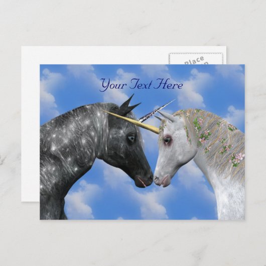 Briefkaart van het zoenen Unicorns Fantasy (Voorkant / Achterkant)